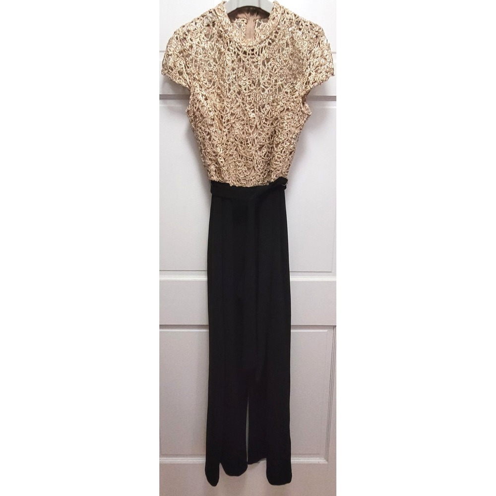 Premier Amour Women's Metallic Gold & Black Cap Sleeve Jumpsuit - Sz 16